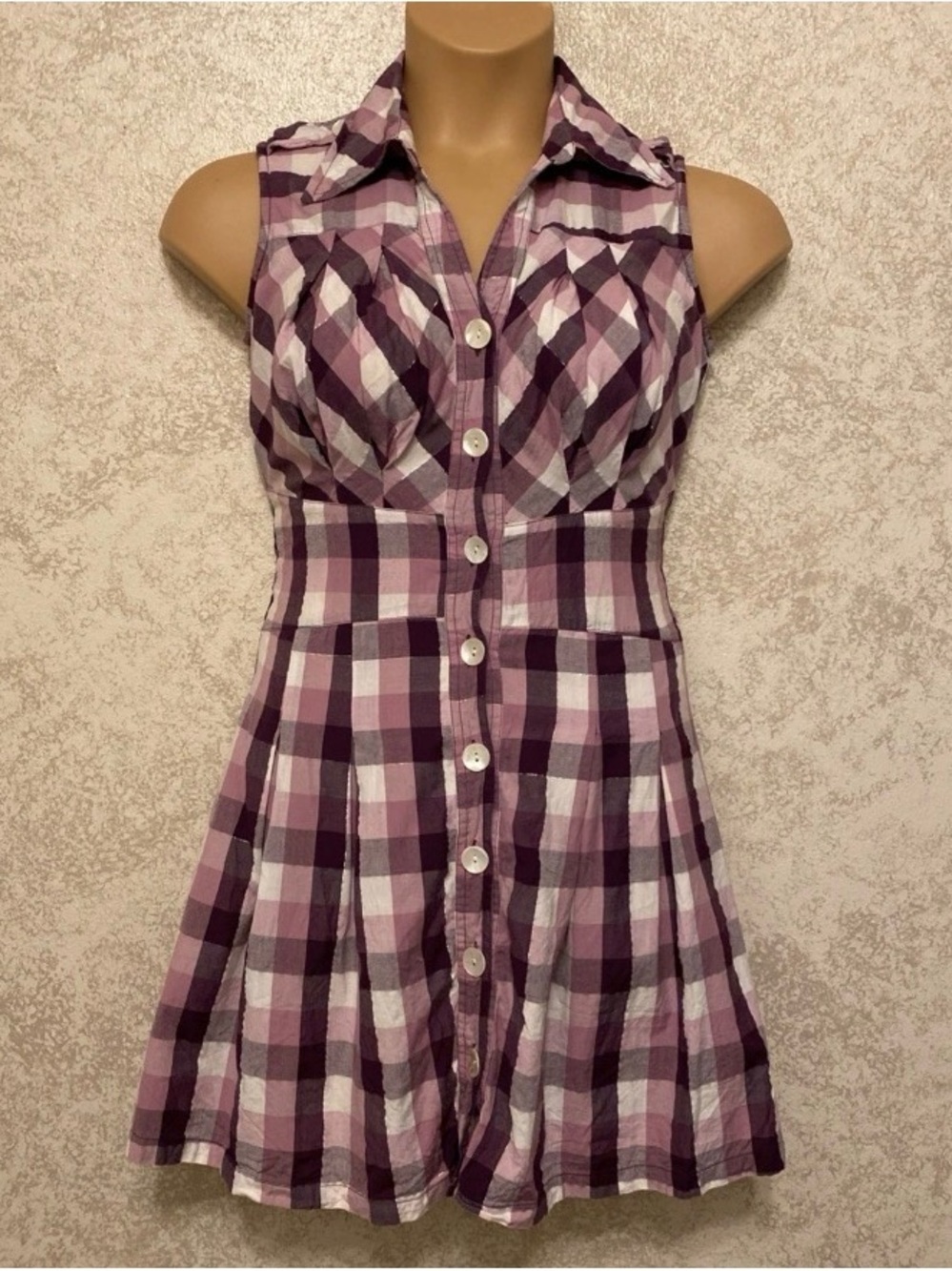 Cotton Express Purple and White Sleeveless Gingham Button-Front Midi Dress